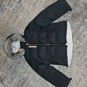 San Francisco 49ers Black Puffer Jacket with Fur Hood Large